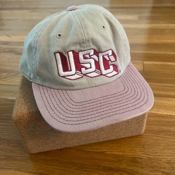 Vintage 80s/90s USC Trojans Pink Khaki Retro Block Baseball Cap Hat Adjustable - Picture 1 of 6